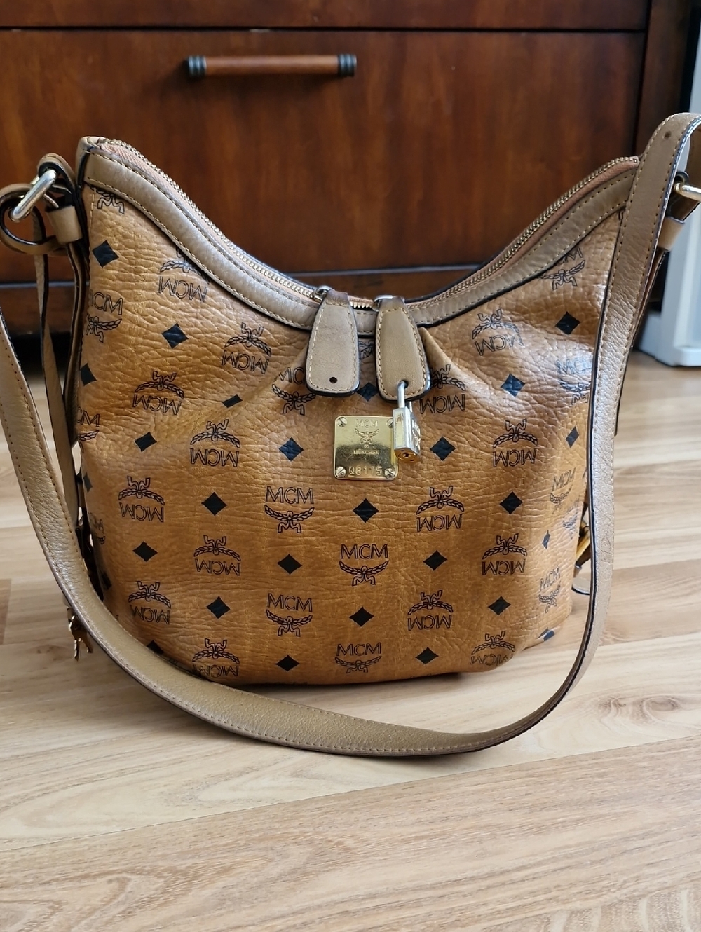 MCM Cognac Logo Print Leather Crossbody Bag
